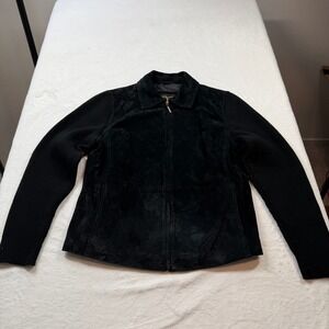 Fabio Suede Knit Sleeve Jacket Womens L Black Good Genuine Leather Mixed Media